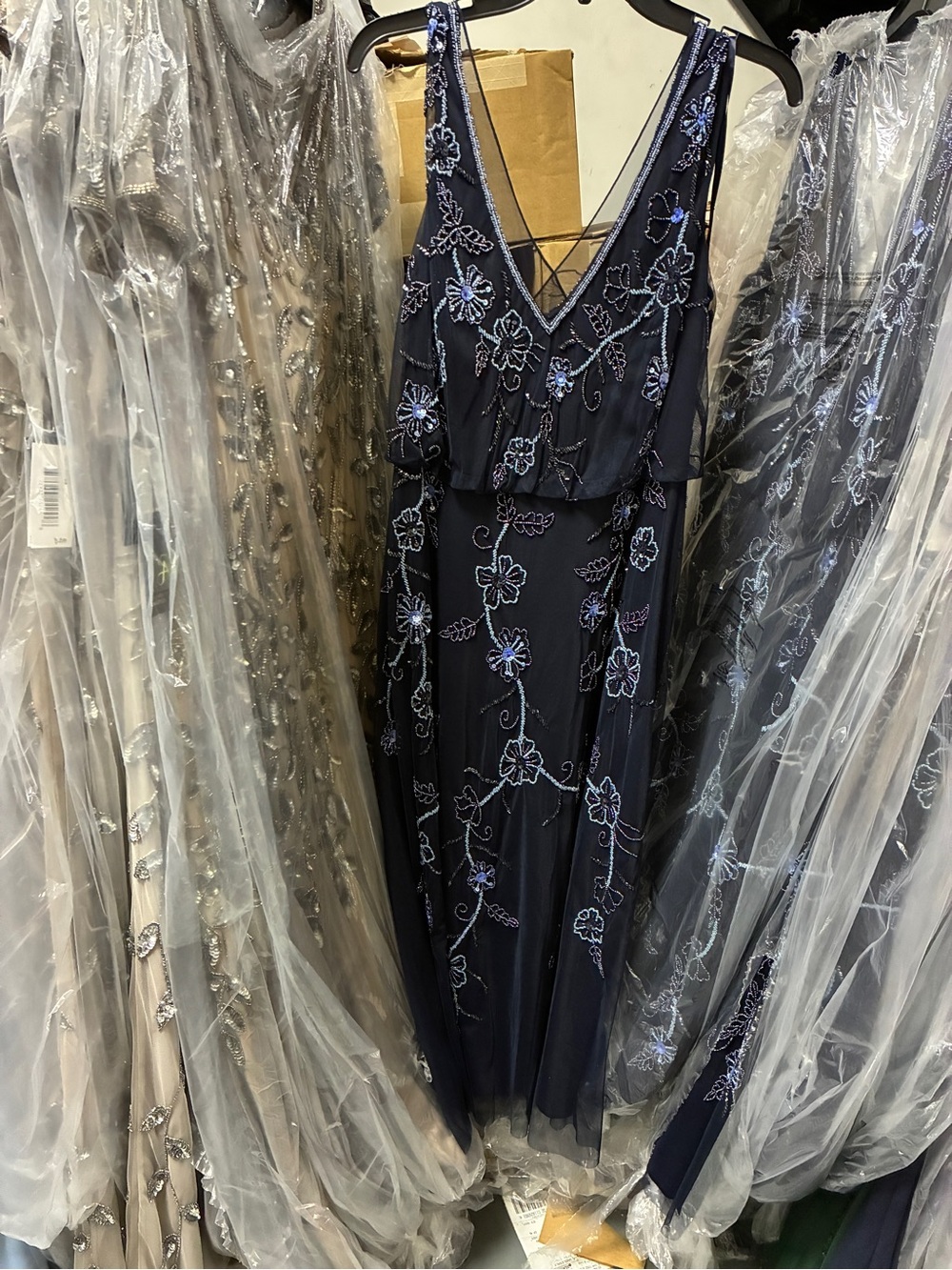 Adrianna Papell Midnight Blue Multi Beaded Floral Midi Dress NWT Size 14 Formal - Picture 11 of 15